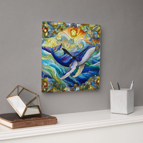 Majestic Marine Mosaic A Stained Glass Whale Square Wall Clock