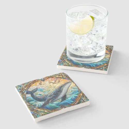 Majestic Marine Mosaic A Stained Glass Whale Stone Coaster