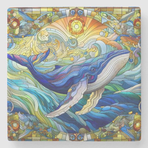 Majestic Marine Mosaic A Stained Glass Whale Stone Coaster