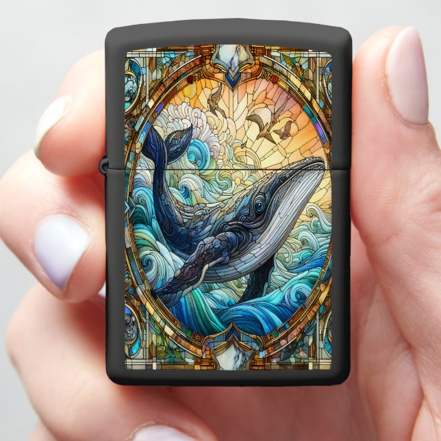 Majestic Marine Mosaic A Stained Glass Whale Zippo Lighter (In Hand)
