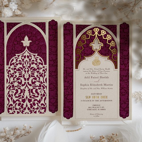 Majestic Maroon and Gold Foil Islamic Wedding Foil Invitation