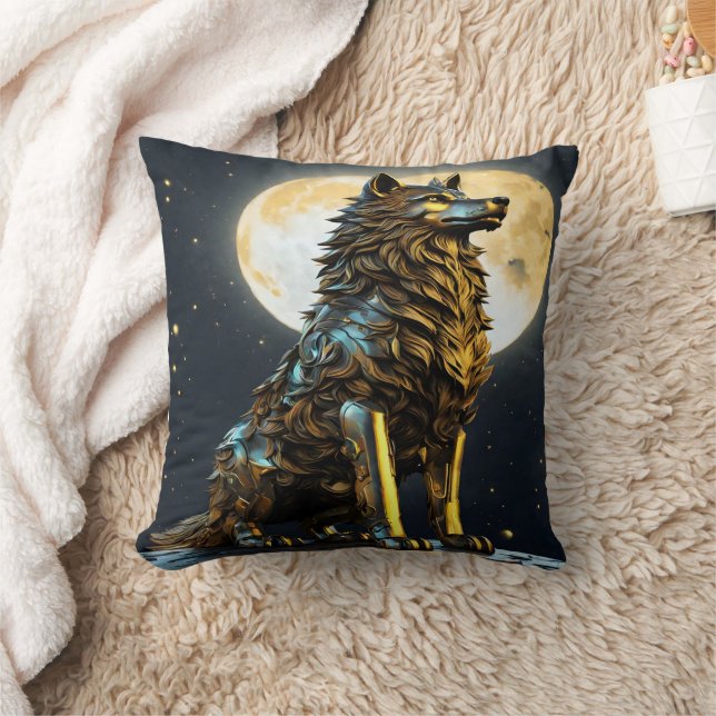 Majestic Metallic Wolf Under Full Moonlight Throw Pillow (Blanket)