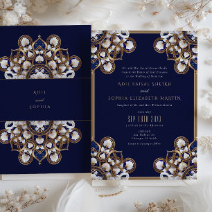Majestic Midnight Blue and Gold Floral Wedding Invitation