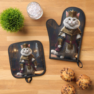 "Majestic Monarch: The Regal White Cat in Robes" Oven Mitt & Pot Holder Set