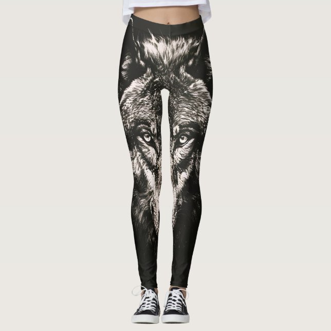 Majestic Monochrome Wild Wolf Leggings (Front)