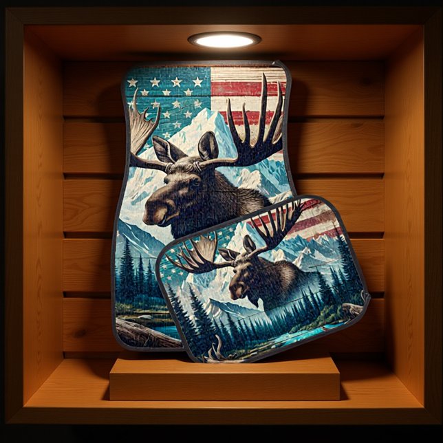 Majestic Moose Against Mountains and American Flag Car Floor Mat (Creator Uploaded)