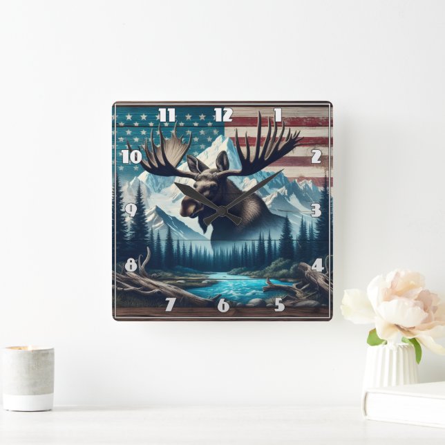 Majestic Moose Against Mountains and American Flag Square Wall Clock (Home)