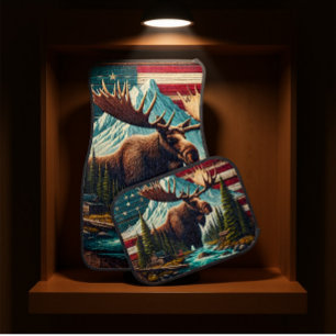 Majestic Moose Among Mountains and American Flags Car Floor Mat