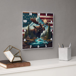 Majestic Moose Among Mountains and American Flags Square Wall Clock
