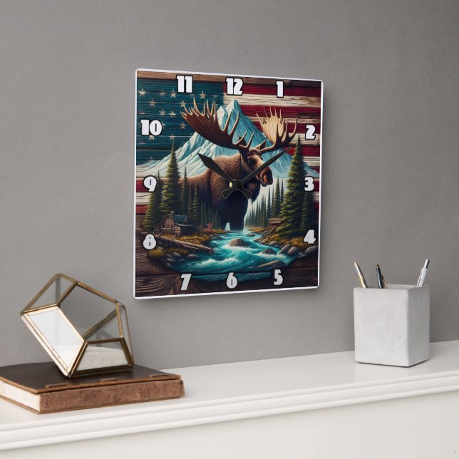 Majestic Moose Among Mountains and American Flags Square Wall Clock (Office)