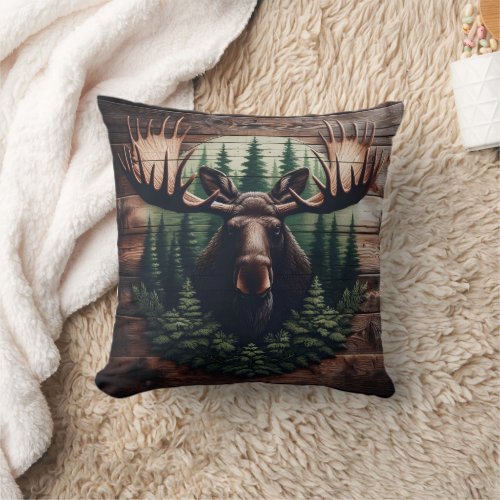 Majestic Moose Art Surrounded by Pine Trees Throw Pillow