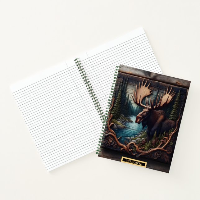 Majestic moose by a serene river in a lush forest notebook (Inside)