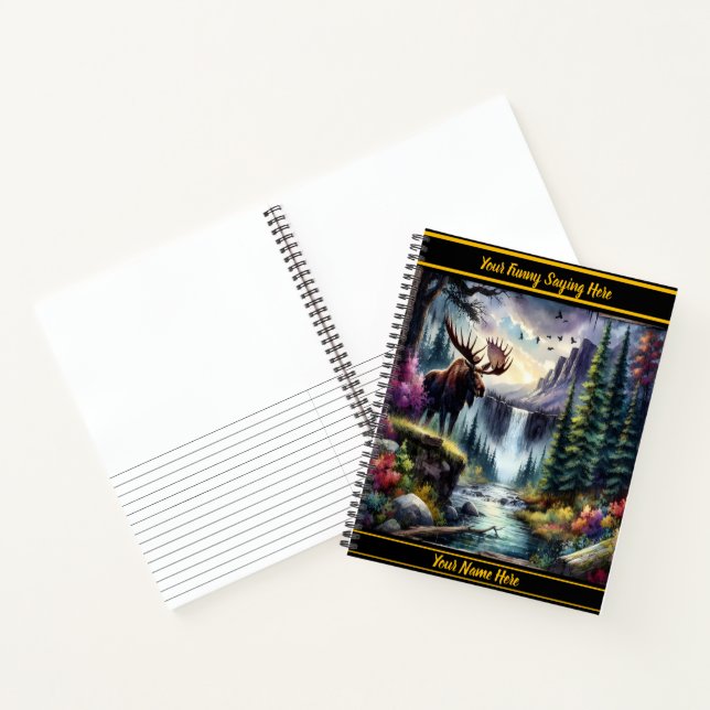 Majestic moose by a serene waterfall at dusk notebook (Inside)