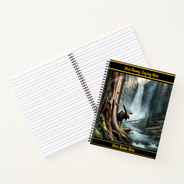 Majestic moose by a serene waterfall in autumn notebook (Inside)