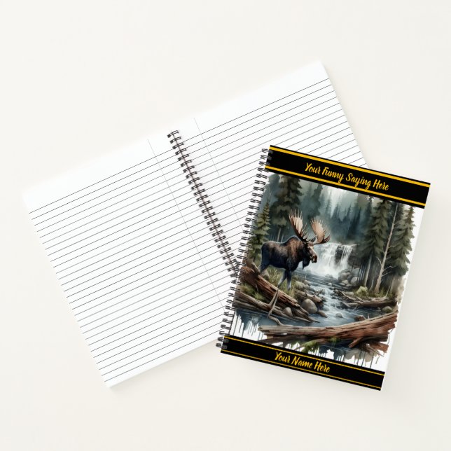 Majestic moose by a tranquil forest waterfall notebook (Inside)