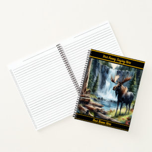 Majestic moose by a tranquil waterfall at dawn notebook