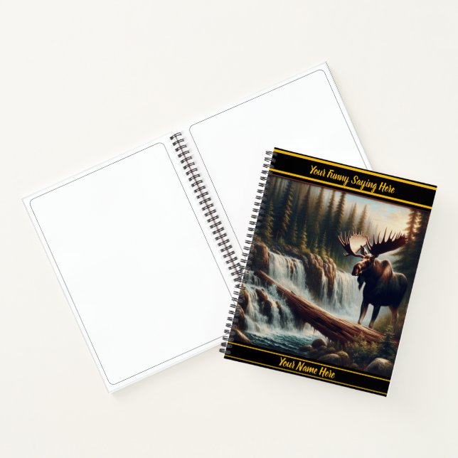 Majestic moose by a tranquil waterfall at dawn notebook (Inside)