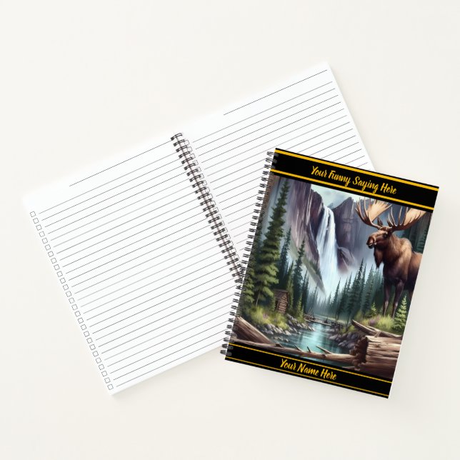 Majestic moose by a tranquil waterfall in a forest notebook (Inside)