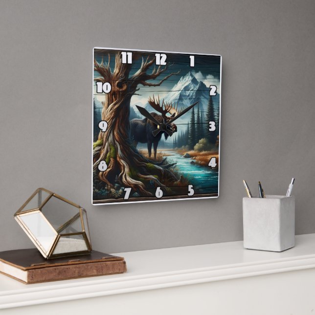 Majestic Moose by Mountain River at Dusk Square Wall Clock (Office)