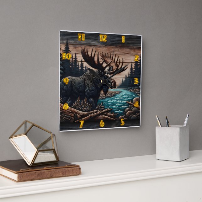 Majestic Moose by Serene Forest River Square Wall Clock (Office)