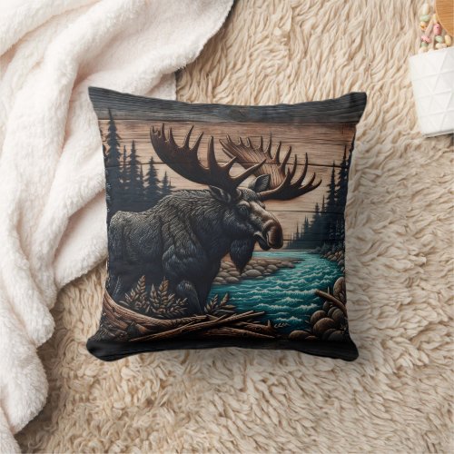 Majestic Moose by Serene Forest River Throw Pillow