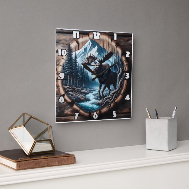 Majestic Moose by Stream in Mountain Landscape Square Wall Clock (Office)