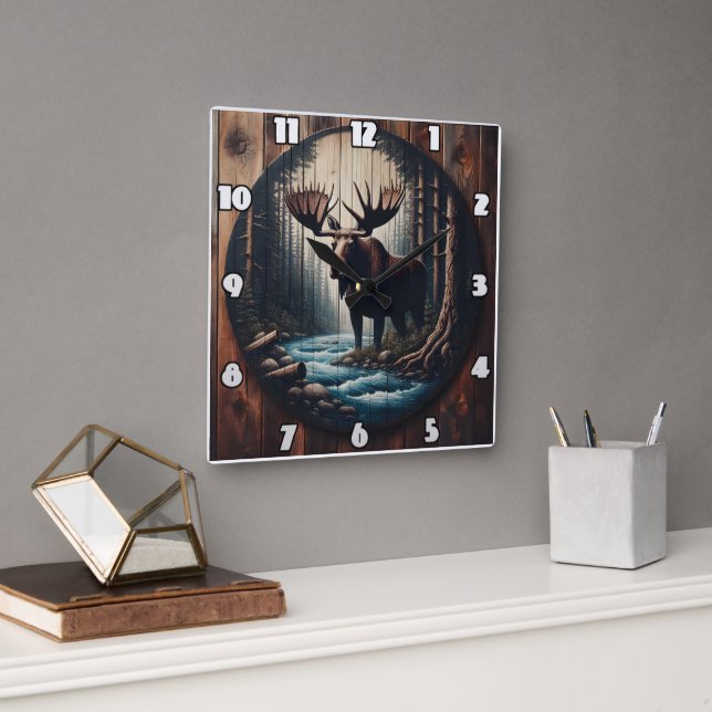 Majestic Moose by the River in Dense Forest Square Wall Clock (Office)