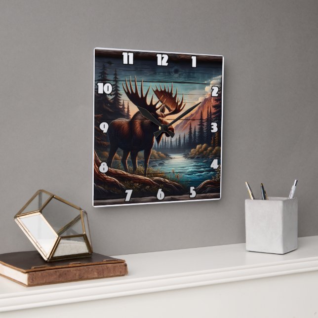 Majestic Moose by Tranquil Mountain Stream Square Wall Clock (Office)
