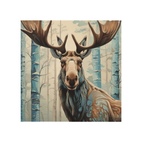 Majestic Moose Head design with light blue  Wood Wall Art