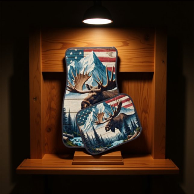 Majestic Moose in Front of Mountains and Flag Car Floor Mat (Creator Uploaded)