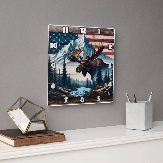 Majestic Moose in Front of Mountains and Flag Square Wall Clock (Office)