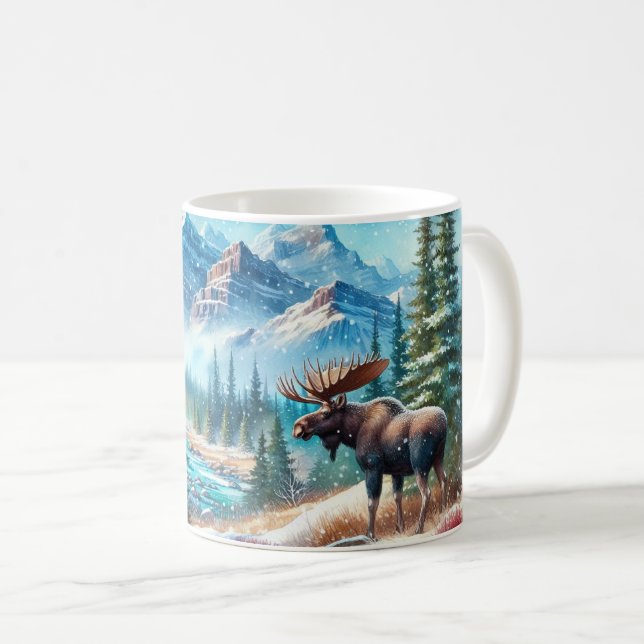 Majestic Moose in Snowy Mountain Landscape  Coffee Mug (Front Right)