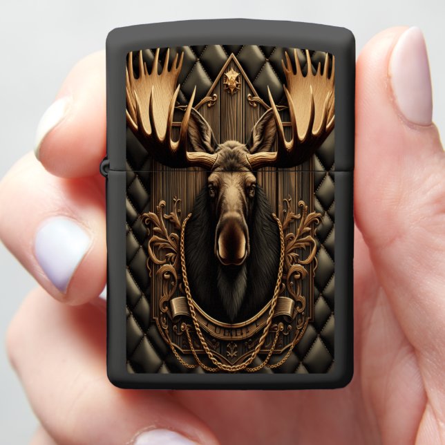 Majestic Moose Leather Art Rustic Charm Zippo Lighter (In Hand)