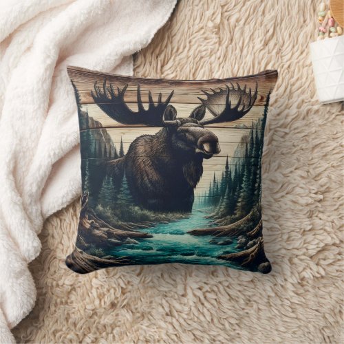 Majestic Moose Overlooking Serene River Landscape Throw Pillow