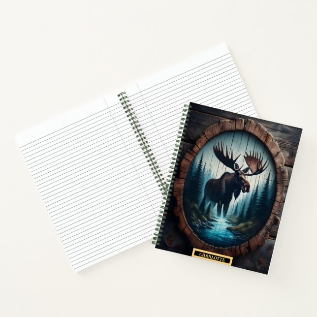 Majestic moose standing by a serene forest stream notebook (Inside)