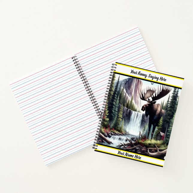 Majestic moose standing by a tranquil waterfall notebook (Inside)