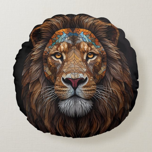 Majestic Mosaic Lion Head Round Pillow (Front)
