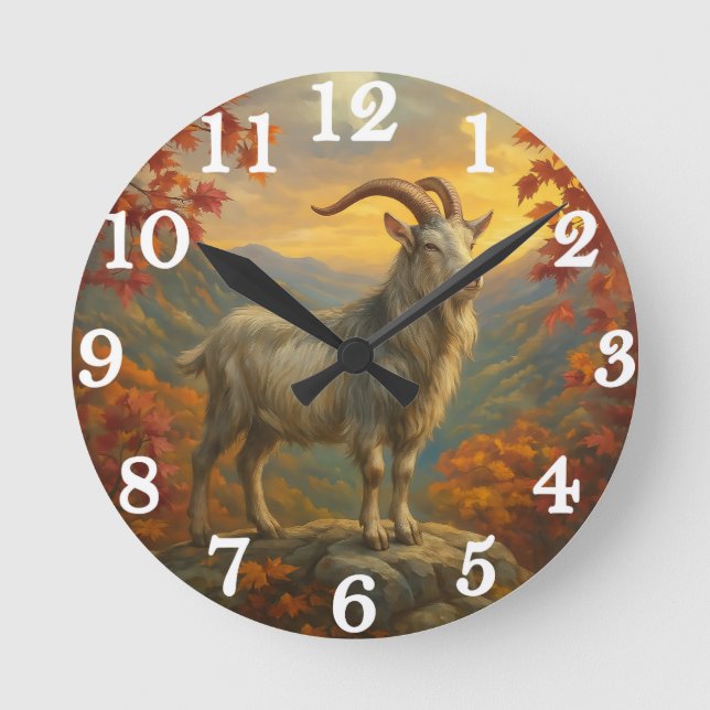Majestic mountain goat autumn scene round clock (Front)
