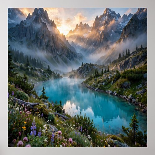 Majestic Mountain Lake Sunrise Poster Wall Print