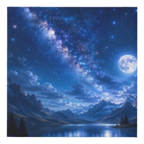 Majestic Mountain Lake Under a Starry Night Sky Faux Canvas Print