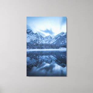 Majestic mountain Mangart reflection Fusine lake Canvas Print