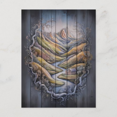 Majestic Mountain Mural on Wooden Wall Postcard