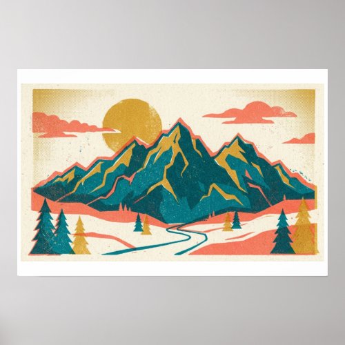 Majestic Mountain Peaks | Vintage Risograph Poster