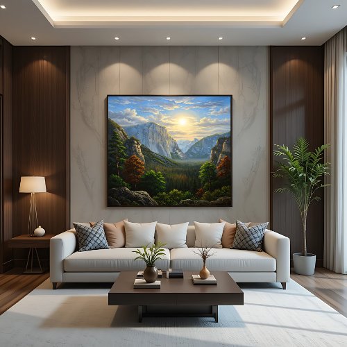 Majestic Mountain Valley Sunset Landscape Poster