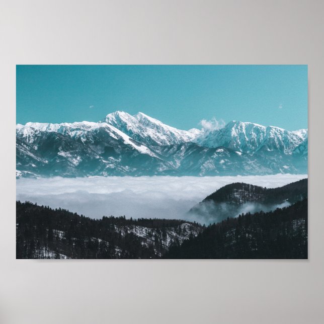 Majestic mountains rising over foggy valley poster (Front)