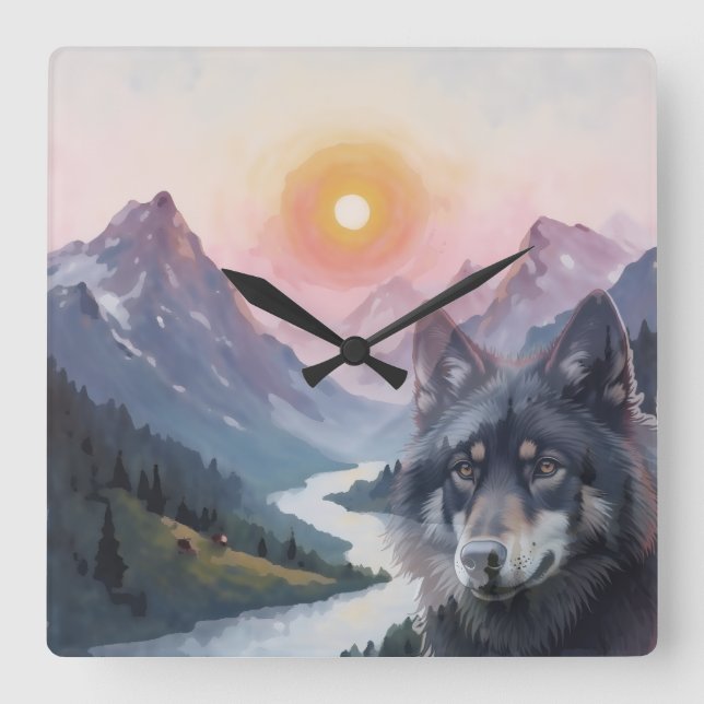 Majestic Mountains with wolf Square Wall Clock (Front)