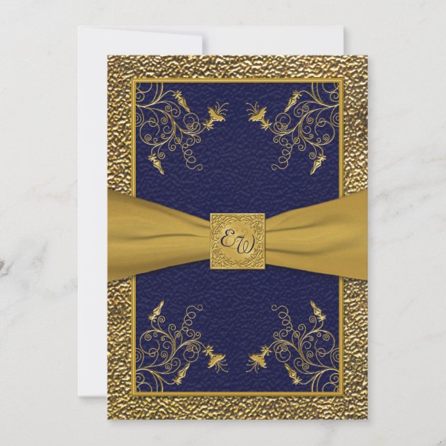 Majestic Navy and Gold Monogram Wedding Invitation (Front)