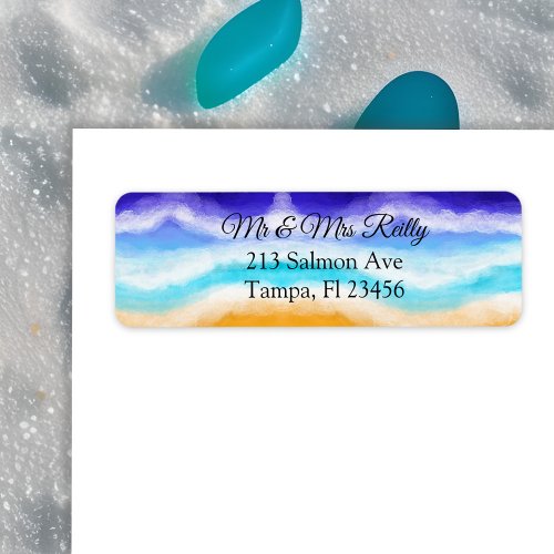 Majestic Ocean Waves Blue and Teal Sandy Shore Label