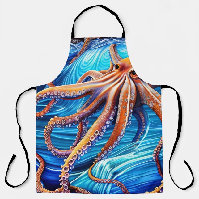 Majestic Octopus Blue Ocean Wave Expressionism Apron (Front)