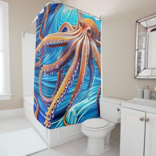 Majestic Octopus Blue Ocean Wave Expressionism Shower Curtain